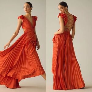 Anthropologie +Mac Duggal Pleated Flutter-Sleeve Deep-V Lace-Up Gown Sz 14 NWT